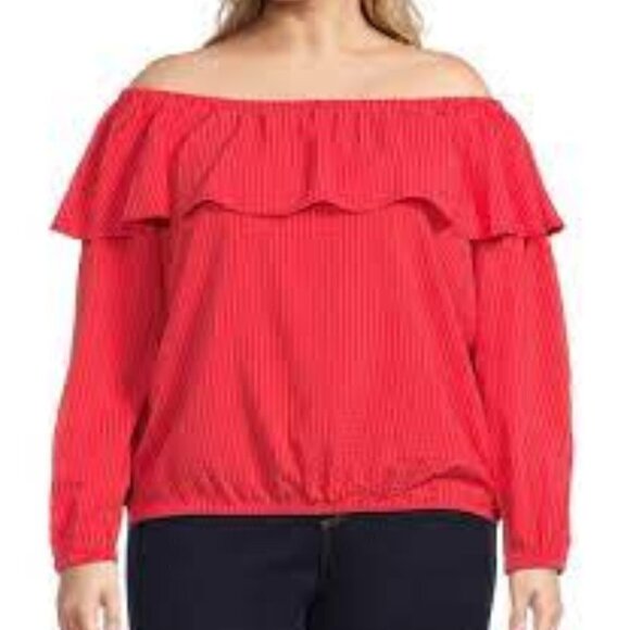 Michael Kors Off Shoulder Top Plus Size 3X Pink Orange Coral Ruffle Peasant - Picture 1 of 9